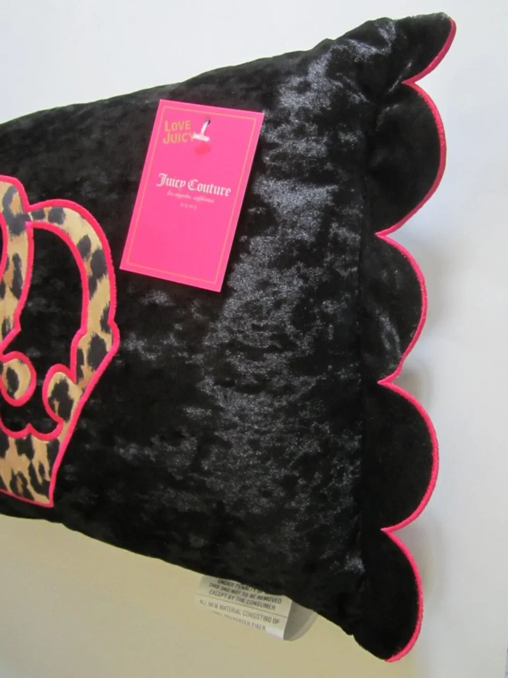 Juicy Couture Black Crown Animal Print Pink Scalloped Decorative Pillow